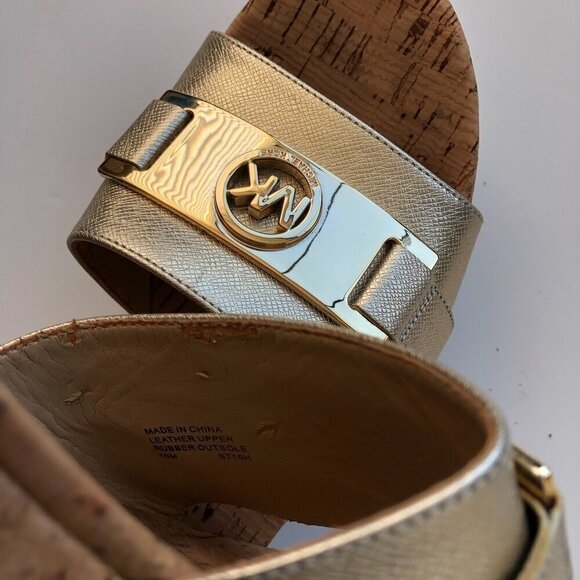 Michael Kors MK Warren Leather Platform Cork Slide Sandals Gold Logo Plate 10M - Picture 14 of 16